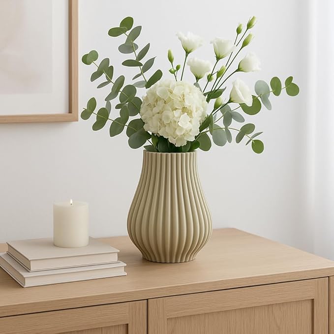 Ceramic Vase for Home Decor – Sculptural 3D Design Living Room Vase for Bedroom, House, Room, or Office Accent – Ribbed Decorative Flower Accent and Table Accents – 11” Green