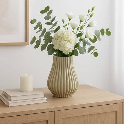 Ceramic Vase for Home Decor – Sculptural 3D Design Living Room Vase for Bedroom, House, Room, or Office Accent – Ribbed Decorative Flower Accent and Table Accents – 11” Green