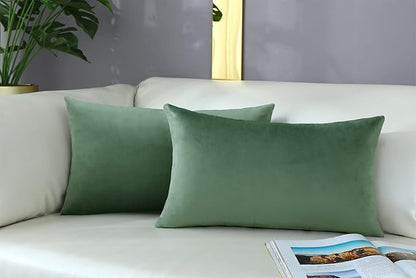mixeoo Comfy Sage Green Throw Pillow Covers Decorative Lumbar Solid Rectangle Thick Velvet Super Soft Cushion Cases Home Decor for Sofa Couch Living Room Chair, Set of 2, 12 x 20 Inch