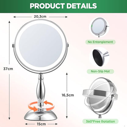 30x Magnifying Mirror, Lighted Makeup Mirror with 3 Colors Modes & Adjustable Brightness, 5000mAh Rechargeable, 360° Rotation Double Side, Large Magnifying Vanity Mirror, Gifts for Women