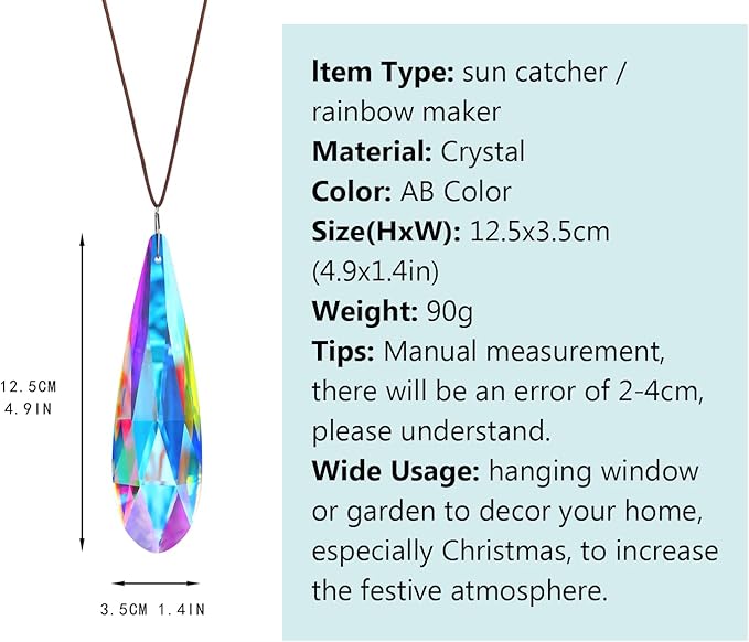 H&D HYALINE & DORA 120mm Hanging Window Crystal Teardrop Prism, Suncatcher Crystal Light Catcher, Glass Hanging Ornaments, Rainbow Maker Pendant Decoration