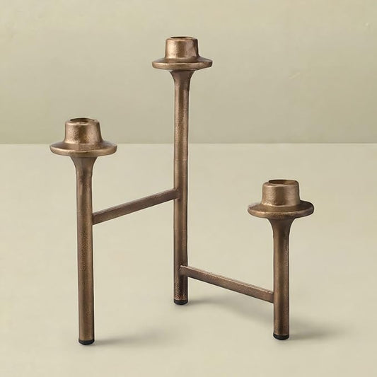 3 Arm Taper Brass Candelabra Vintage Foldable Metal Candle Holder for Fireplace Mantel Entryway Table Home Decor 10.25" H x 14" W x 2.5" D