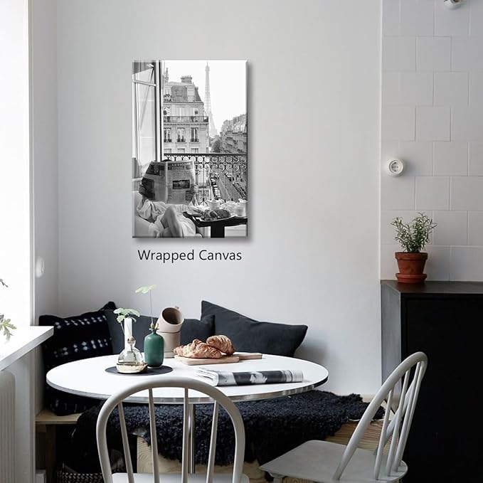 Black and White Photography Canvas Wall Art, Woman Reading Newspaper In Paris Hotel Aesthetic Poster, Retro Paris Tower Museum Photo Print, Luxury Fashion Breakfast Wall Decor 24x36in Wrapped Canvas