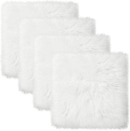 Softlife White Faux Fur Sheepskin Chair Cover 4 PCs Seat Cushion Pad Super Soft Area Rugs for Living Bedroom Sofa Dorm (1.6ft x 1.6ft)