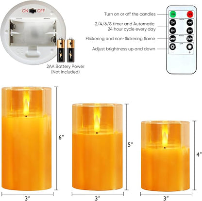 5plots Flameless Battery Operated Candles Set of 3, Gold LED Candles with Remote Timer, Real Wax Glass Pillar Candles Warm Flickering Light for Indoor Home, Halloween, Christmas Decor D3 x H4 5" 6"