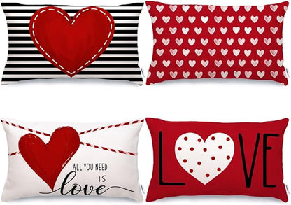 GEEORY Valentines Day Pillow Covers 12 x 20 inch Set of 4 for Valentines Day Decor Red White Stripes Dots Love Heart Throw Pillows Decorative Cushion Cases Valentine Decorations G194-12
