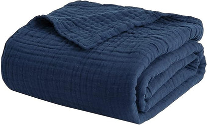EMME Muslin Blanket 100% Cotton Twin Blankets for Couch Breathable Gauze Blanket All Season Soft and Lightweight Pre-Washed (Navy, 60"x80")