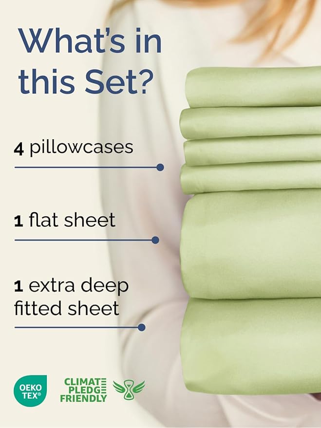 Extra Deep Queen Sheet Set - 6 Piece Breathable & Cooling Sheets - Hotel Luxury Bed Sheets Set - Easy & Secure Fit - Soft, Wrinkle Free & Comfy Sheets Set - Light Sage Sheet Set w/Extra Deep Pockets