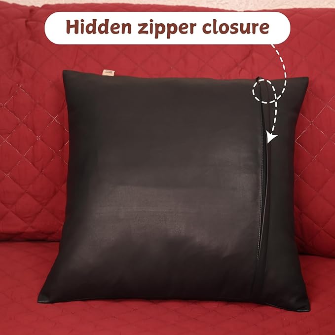Lambskin Leather Pillow Cover - Sofa Cushion Case - Decorative Throw Covers for Living Room & Bedroom, 18x18 Inches - Black (01) Pack of 2