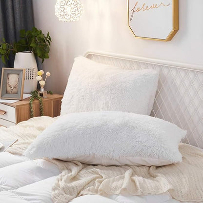 Uhamho Set of 2 Standard Faux Fur Throw Pillow Covers Soft Velvet Decorative Pillowcases Zipper Closure (White, 20"x26")