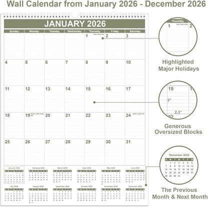 Large Calendar 2026 with Spiral Bound - 12 Month Big Calendar from January 2026 to December 2026, Vertical Large Monthly Calendario 2026 for Wall, 22" x 17", Cyan
