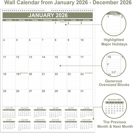 Large Calendar 2026 with Spiral Bound - 12 Month Big Calendar from January 2026 to December 2026, Vertical Large Monthly Calendario 2026 for Wall, 22" x 17", Cyan