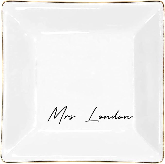 Gossby Personalized Jewelry Tray - Gift for Women Mom Friend with Name - White Ceramic Trinket Tray Dish Plate for Ring Earring Bracelet - Custom Gift Mothers Day Birthday Christmas