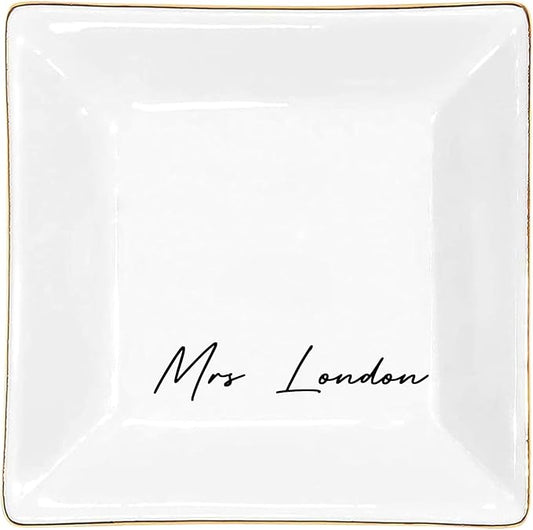 Gossby Personalized Jewelry Tray - Gift for Women Mom Friend with Name - White Ceramic Trinket Tray Dish Plate for Ring Earring Bracelet - Custom Gift Mothers Day Birthday Christmas