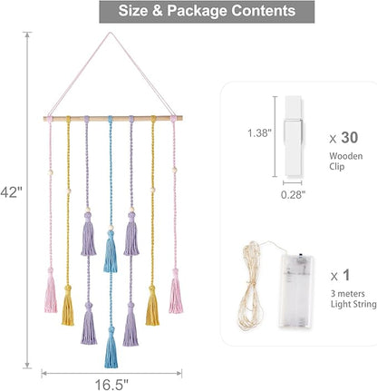 Mkono Hanging Photo Display Boho Macrame Wall Decor with Light, Teen Girl Teenage Gifts, Pictures Cards Frame Holder Art Hanger for Christmas Birthday Party Bedroom Dorm, with 30 Wood Clips, Multi