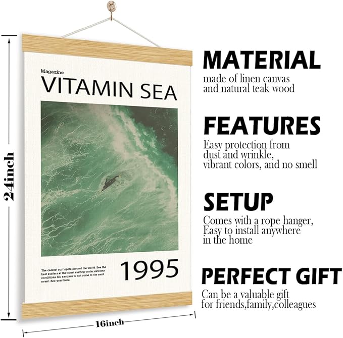 Rustic Hanging Canvas Poster, Magazine Vitamin Sea Poster, Gallery Decors Art, Seaside Cabin Decor, Beach House Decoration, Ocean Style Canvas Decoration for Home, Home Decor Accent, 11.8*15.7