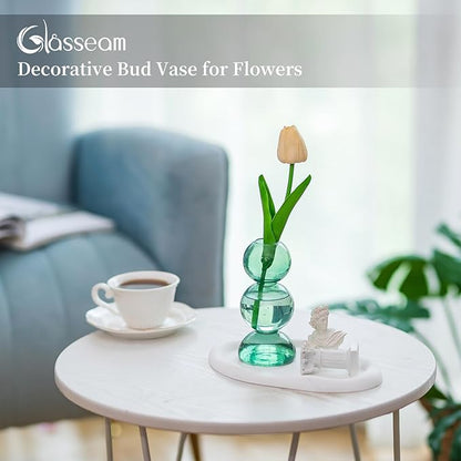 Glasseam Round Bubble Vase for Flowers, Small Green Vase Set of 2, Blown Glass Vases for Decor, Cute Unique Bud Vase, Aesthetic Single Flower Vase, Hydroponic Plant Vase for Dining Table Decorations
