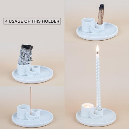 ZenBless 4 in 1 Incense Burner Holder, Palo Santo Holder, Sage Holder for Burning, Incense Holder for Sticks, Candle Holder, Ceramic Ash Catcher Tray for Meditation Yoga Room Home Decor (White)
