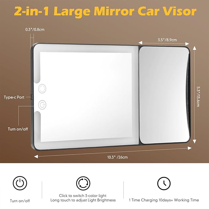 Large 2-in-1 Led Car Vanity Mirror with 20X Strong Magnification,10" Sun Visor Mirror with 3-Color Dimmable Rechargeable LED Lights,Car Makeup Mirrors with Secure Reinforced Flexible Mount