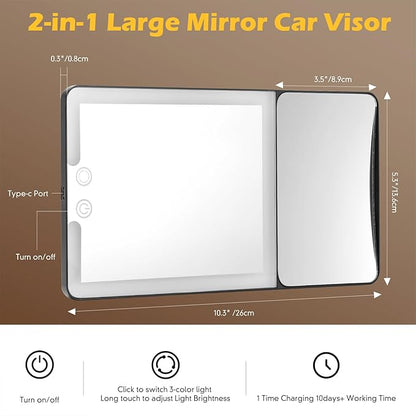 Large 2-in-1 Led Car Vanity Mirror with 20X Strong Magnification,10" Sun Visor Mirror with 3-Color Dimmable Rechargeable LED Lights,Car Makeup Mirrors with Secure Reinforced Flexible Mount