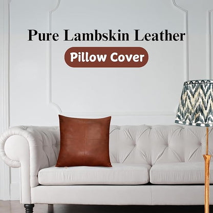 Lambskin Leather Pillow Cover - Sofa Cushion Case - Decorative Throw Covers for Living Room & Bedroom, 14x14 Inches - Mango Tan Antique Pack of 2