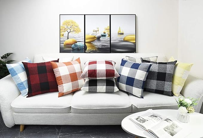 Artaimee Dark Blue & White Buffalo Check Plaid Throw Pillow Covers – 18 x 18 Inches, Pack of 2 – Soft Cotton Linen Cushion Case for Sofa, Couch, Bed, and Home Décor