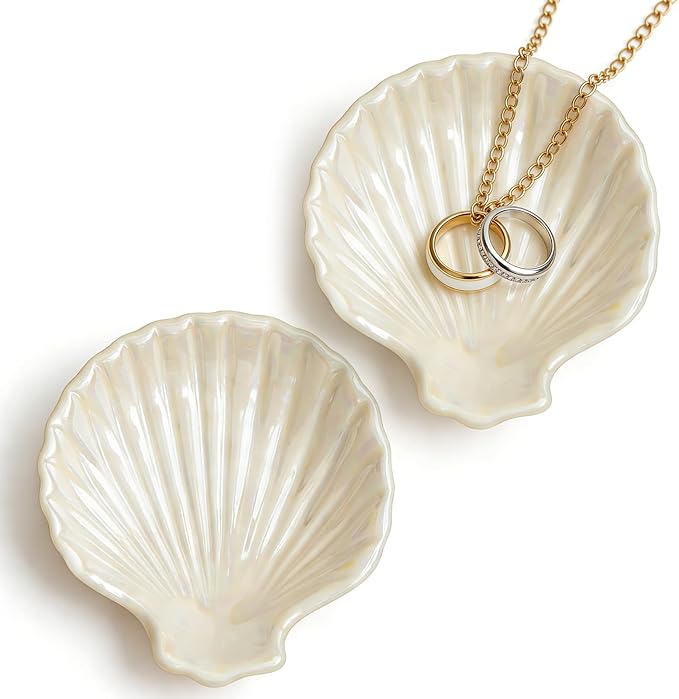 Jewelry Plate Set of 2 Ceramic Shell-Shaped Ring Dishes 3.9-inch Ring Dish & Jewelry Storage Tray