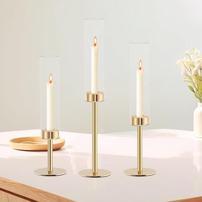 Rose Gold Taper Candle Holder Set, 3pcs Glass Hurricane Tall Candlestick Holders, Vintage Candelabra, Premium Gift Set for Home Decor Aesthetic, Birthday Parties, Weddings & Christmas Decorations