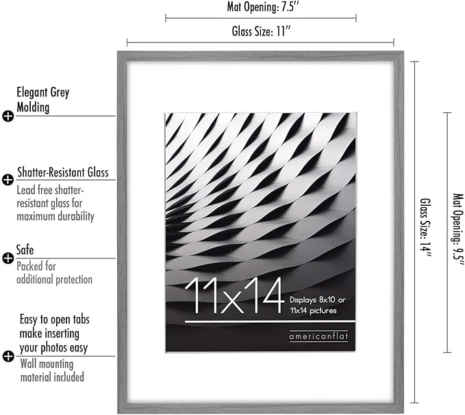 Americanflat 11x14 Picture Frame with Shatter-Resistant Glass - Use as 8x10 Frame with Mat or Display 11x14 Photo Without Mat - Streamline Collection - Thin Border Picture Frames for Wall - Grey