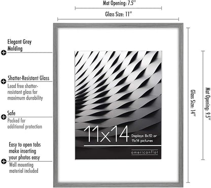 Americanflat 11x14 Picture Frame with Shatter-Resistant Glass - Use as 8x10 Frame with Mat or Display 11x14 Photo Without Mat - Streamline Collection - Thin Border Picture Frames for Wall - Grey