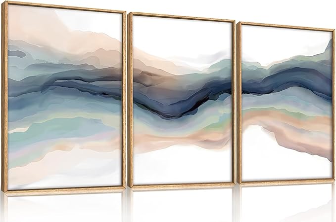 HLNIUC Blue Abstract Wall Art, Watercolor Line 24"x36" Framed Art Set of 3, Modern Wave Canvas Wall Decor, Natural Landscape Paint Stroke Prints for Living Room, Bedroom, Office
