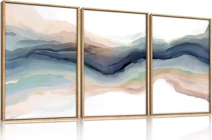 HLNIUC Blue Abstract Wall Art, Watercolor Line 16"x24" Framed Art Set of 3, Modern Wave Canvas Wall Decor, Natural Landscape Paint Stroke Prints for Living Room, Bedroom, Office