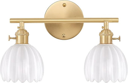 Bathroom Light Fixtures, 2-Light Brass Vanity Wall Light Over Mirror with White Tulip Glass Shade for Bedroom Living Room (Bulb Not Included)