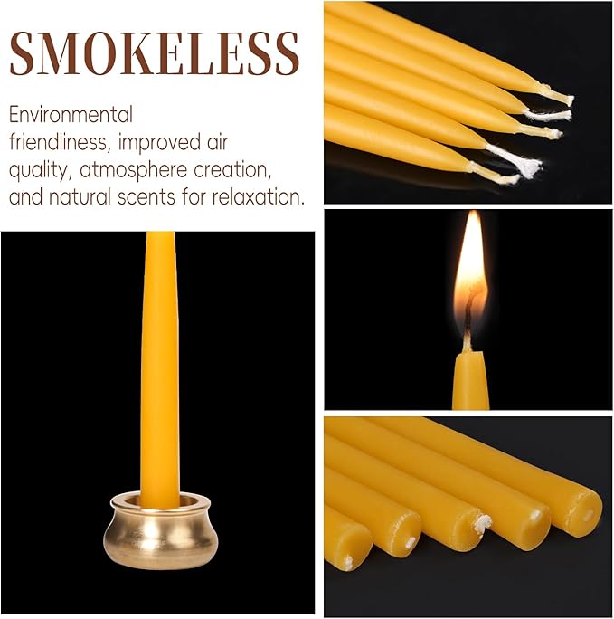 12 Packs Mini Beeswax Taper Candles, 20-30 Minute Meditation Candles with Brass Candle Holders, Dripless Mini Beeswax Prayer Candles Gift for Yoga Relaxation (12)