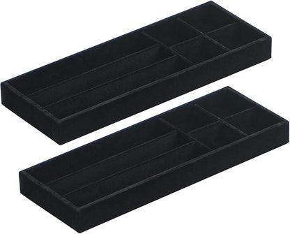2Pcs Desk Drawer Storage Tray, Nightstand Organizer Tray, Necklace Bracelet Ring Earring Jewelry Display Tray, Grid Table Organizer Holder Tray for Sunglass, Phone, Watch, Perfume (7 grid)/Black