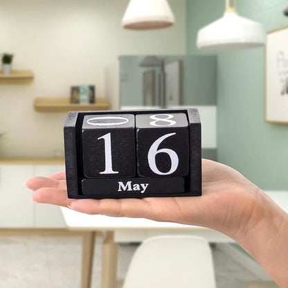 Perpetual Desk Calendar Wooden Block Calendar for Desk Reusable Date Display Blocks for Office Home Decor Teacher Classroom Accessory (Black)