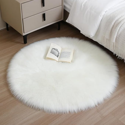 Faux Fur Rug Sheepskin Fuzzy Rug Super Soft Fluffy Plush Area Rug Bedroom Floor Children's Room Sofa Cushion Living Room Bedside Rugs (White,3×3 ft Rotund)