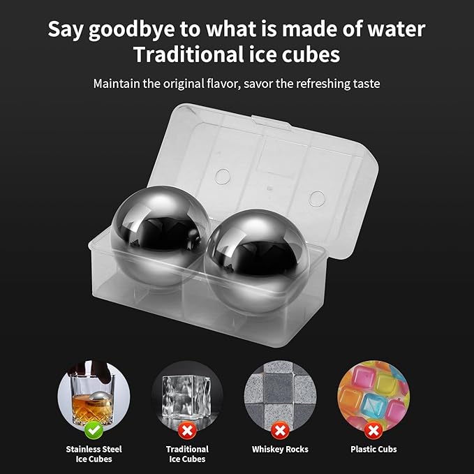 Stainless Steel Whiskey Ice Balls, Whiskey Stones, Set of 2 Reusable Metal Ice Cubes for Chilling Whiskey & Beverages - Gift Set for Men
