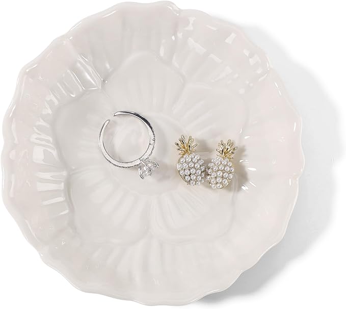 Flower Ring Dish Holder,Jewelry Dish Tray,Small Trinket Tray,Jewelry Plate Bowl,Key Bowl,Decorative Plate,Birtdhay Christmas Gifts for Women Friends,Ceramic White