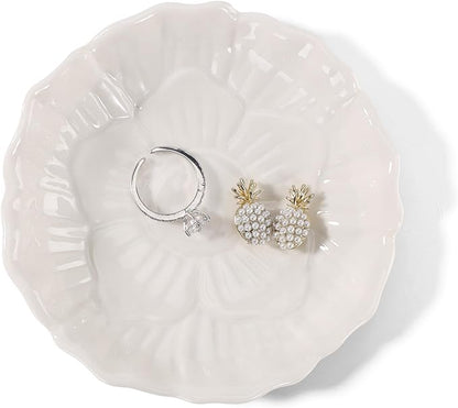 Flower Ring Dish Holder,Jewelry Dish Tray,Small Trinket Tray,Jewelry Plate Bowl,Key Bowl,Decorative Plate,Birtdhay Christmas Gifts for Women Friends,Ceramic White