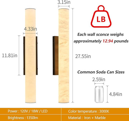 LMQNINE Natural Alabaster Wall Sconces Set of Two Spanish Marble Wall Light Cylinder Modern Black LED Sconce for Living Room Bedroom Bathroo Stairs（M-2Pack）