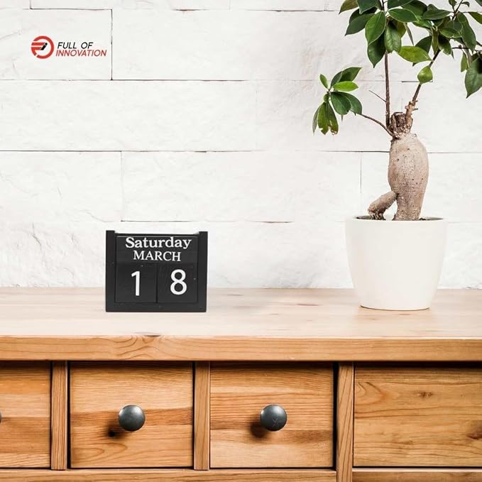 wood block perpetual calendar, ideal for desk 2025, office accesory, black and white, wooden solid, day week month, father gift, school, new year