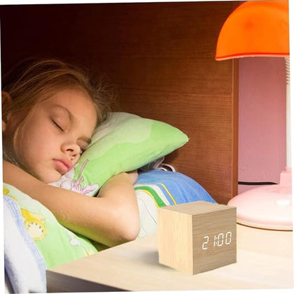 Digital Wooden Alarm Clock Bedrooms Clock with Temperature LED Display (No Battery) Wooden