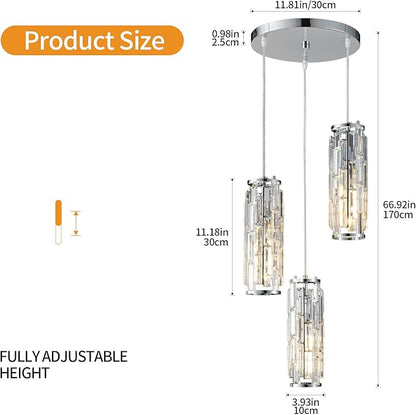 LMQNINE 3 Light Chrome Pendant Lighting Modern Pendant Light, Mini Crystal Chandeliers,Adjustable Pendant Light Fixture for Kitchen Island Dinning Room Bedroom (Chrome 3-Light)