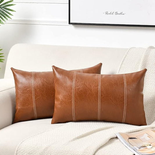Fancy Homi 2 Packs Brown Boho Long Lumbar Faux Leather Decorative Throw Pillow Covers 14x20 Inch for Couch Bed Sofa, Hand Stitched Rectangle Cushion Case, Rustic Modern Farmhouse Home Decor
