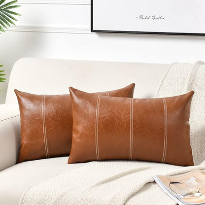 Fancy Homi 2 Packs Brown Boho Lumbar Faux Leather Decorative Throw Pillow Covers 12x20 Inch for Living Room Couch Bed Sofa, Hand Stitched Rectangle Cushion Case, Rustic Modern Farmhouse Home Decor