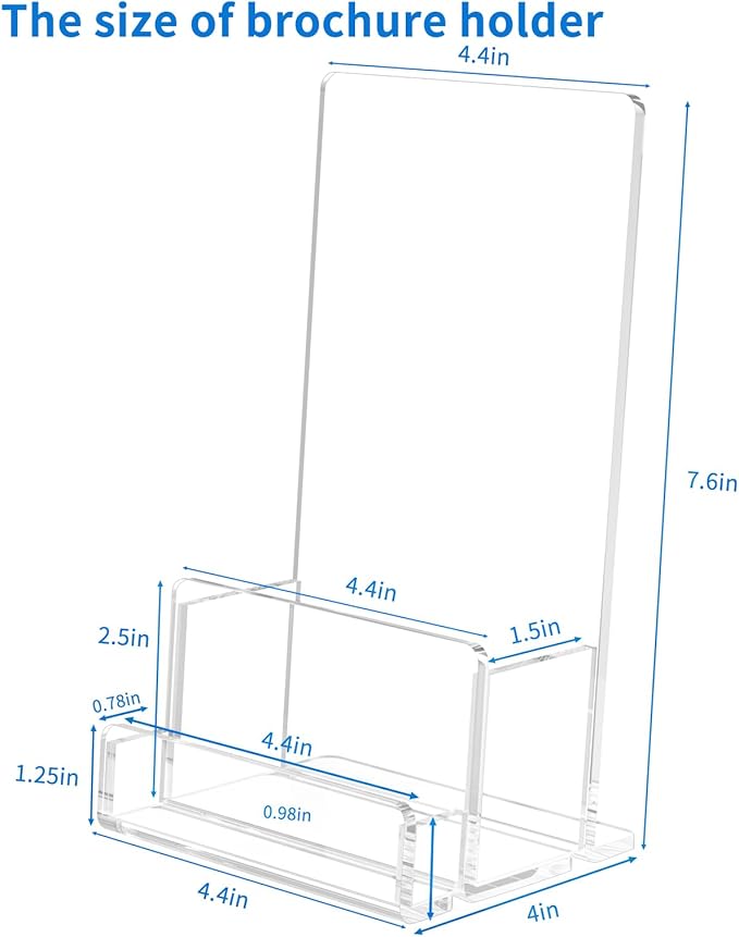 NIUBEE 6-Pack Acrylic Brochure Holder 4‘’ , Clear Brochure Display Stand with Acrylic Business Card Holder, Plastic Flyer Display Stand for Magazine, Pamphlet, Booklets, Menu, Journals, Business Card