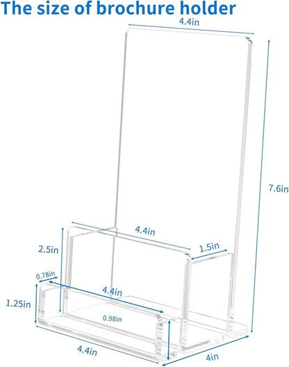 NIUBEE 6-Pack Acrylic Brochure Holder 4‘’ , Clear Brochure Display Stand with Acrylic Business Card Holder, Plastic Flyer Display Stand for Magazine, Pamphlet, Booklets, Menu, Journals, Business Card