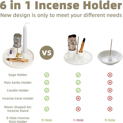 WhiteRhino Ceramic Incense Burner,6 in 1 Multifunction Incense Holder|Sage Holder for Burning|Palo Santo Holder|Candle Holder|Incense Cone Holder|Moon Shape Stand,Ash Catcher Tray for Meditation Yoga