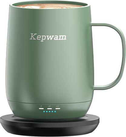 Kepwam Self Heating Coffee Mug T2, 16oz Smart Heated Coffee Mug, 150 Min Battery Life - Hot up to 149℉ Temperature Control Coffee Mug Warmer, Gifts for Dad Mom (No APP)